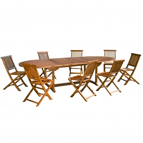 Salon de jardin grande table ovale extensible à 300cm + 8 chaises pliantes Besuki