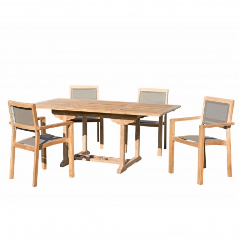 Table rectangulaire jardin extensible 120 à 180cm + 4 fauteuils empilables taupe FUN