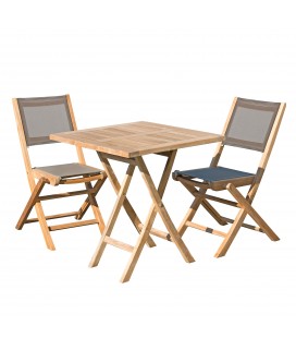 Table carrée pliante 70 cm de jardin et 2 chaises textilène taupe FUN