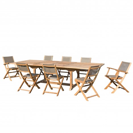 Table rectangulaire extensible d'extérieur + 6 chaises et 2 fauteuils taupe FUN