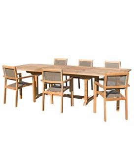 Table à rallonges de jardin 300cm en bois de teck + 6 fauteuils FUN