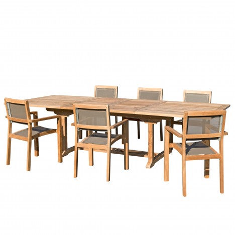 Table à rallonges de jardin en bois de teck + 6 fauteuils FUN