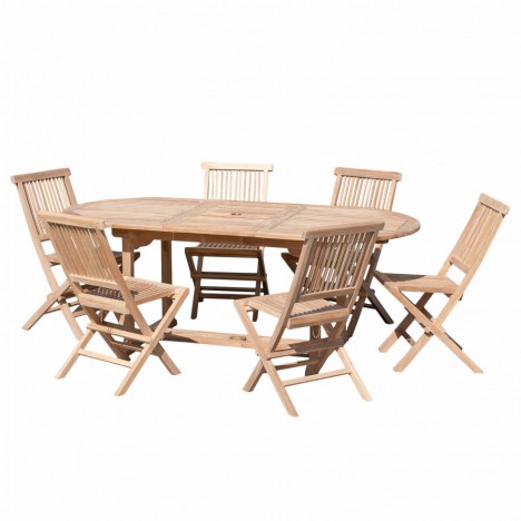 Table de jardin ovale en teck extensible à 200cm + 6 chaises FUN