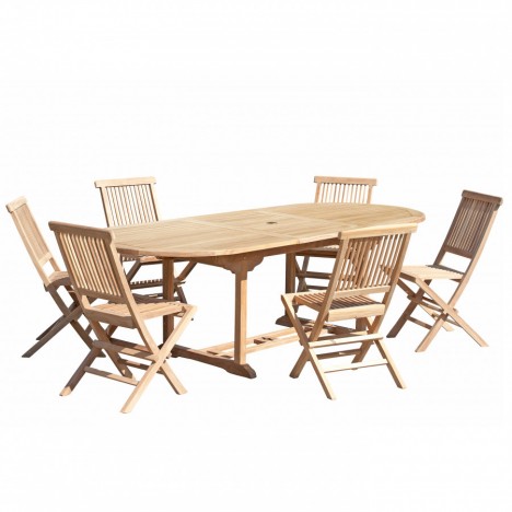 Table de jardin en teck extensible à 240cm ovale + 6 chaises FUN