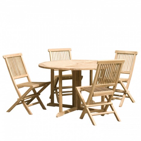 Table ronde de jardin pliable 120cm + 4 chaises teck massif FUN
