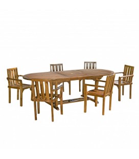 Ensemble d'extérieur en teck table ovale extensible 240cm + 6 fauteuils empilables Besuki