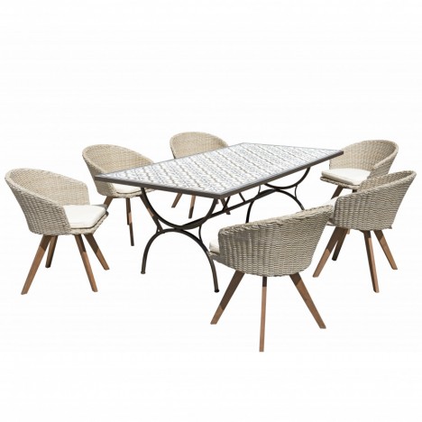 Salon de jardin avec table mosaïque et 6 chaises en rotin VICK