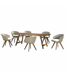 Salon de jardin avec 6 chaises en rotin et table en bois massif NANG