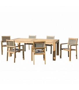 Salon de jardin en bois massif 220cm table + 6 fauteuils empilables PALU