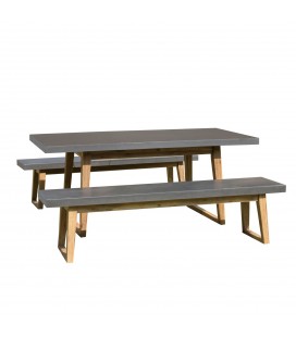 Ensemble de jardin table + 2 bancs 180cm effet béton et bois massif PRESTIGE