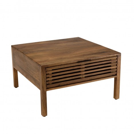 Table basse carrée 70x70cm en bois de manguier 2 tiroirs ajourés ANTON