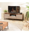 Meuble TV en bois de manguier 2 portes 1 tiroir motifs ethniques ANTON