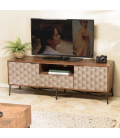 Meuble TV en bois de manguier 2 portes 1 tiroir motifs ethniques ANTON