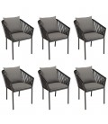 Lot de 6 fauteuils en cordage noir coussins gris anthracite NOAH