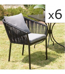 Lot de 6 fauteuils de jardin en cordage noir et coussin gris foncé NOAH
