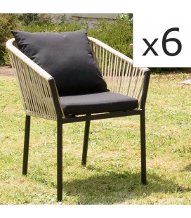 Lot de 6 fauteuils d'extérieur en cordage couleur bois et coussin noir NOAH