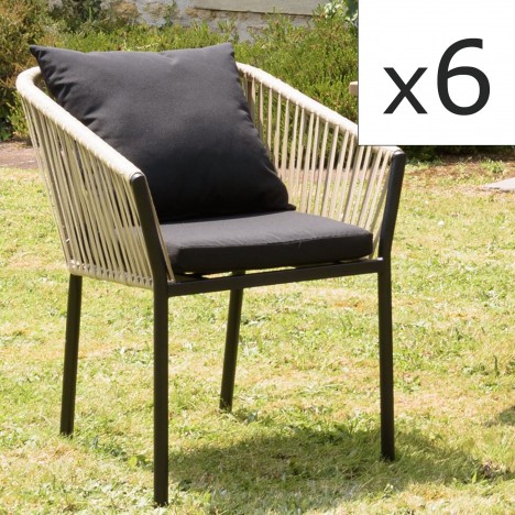 Lot de 6 fauteuils en cordage couleur naturelle coussins noirs NOAH