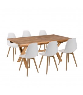 Table de jardin teck massif extensible 180 à 240cm et 6 chaises blanches NOAH
