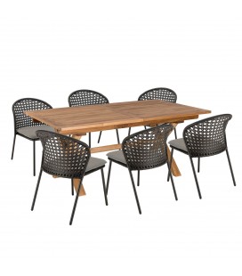 Table d'extérieur à rallonge 180 à 240 cm et 6 chaises grises et noires NOAH