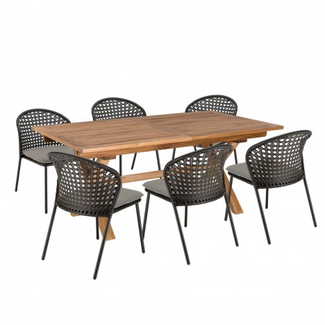 Table rectangulaire extérieur 180x100cm et 6 chaises grises et noires NOAH