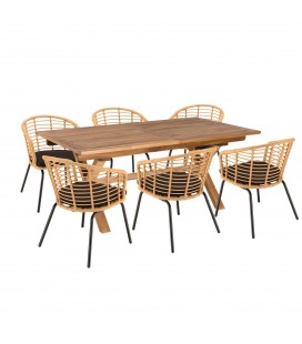 Ensemble table extensible 240cm et chaises de jardin 6 personnes bois et rotin NOAH
