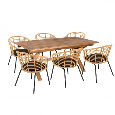 Ensemble table et chaises de jardin 6 personnes bois et rotin NOAH
