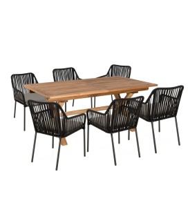 Table de jardin bois massif et 6 fauteuils gris et noirs NOAH