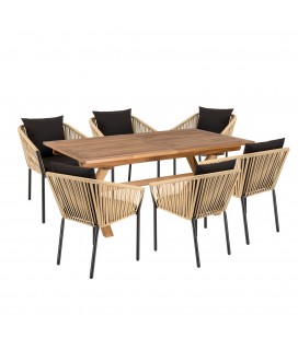 Table de jardin 6 places en bois + 6 fauteuils beiges et noirs NOAH
