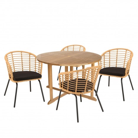 Salon de jardin avec table ronde 120cm en bois et 4 fauteuils NOAH
