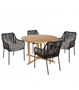 Table ronde de jardin 120x120cm et 4 fauteuils en cordage noir et gris NOAH