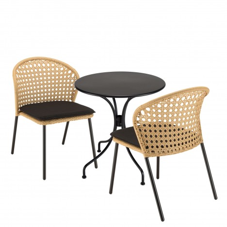 Table ronde de jardin 70x70cm et 2 chaises beiges et noires en rotin NOAH