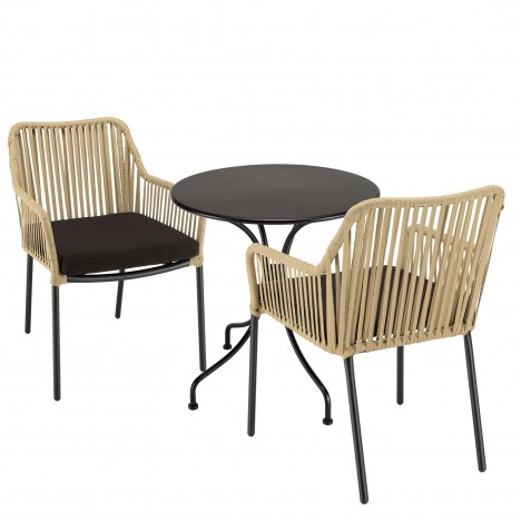 Table de jardin 70cm ronde + 2 fauteuils en cordage beige et noir NOAH