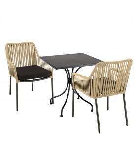 Table de jardin compacte 2 places + fauteuils en cordage assortis NOAH