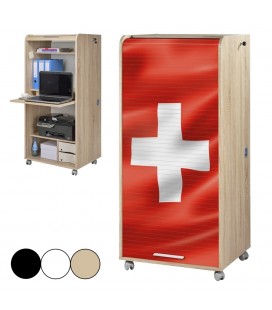 Armoire bureau informatique à rideau et roulettes drapeau Suisse
