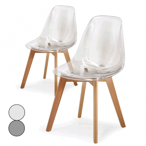Chaise scandinave en bois et assise plexiglas - Lot de 2
