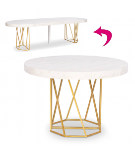 Table ronde extensible pied doré et plateau marbre blanc Cléa
