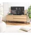 Meuble TV 130cm bois clair 2 tiroirs et porte 2 étagères MALIA
