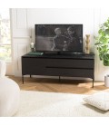 Meuble TV noir 130cm en bois 2 étagères avec porte + 2 tiroirs MALIA
