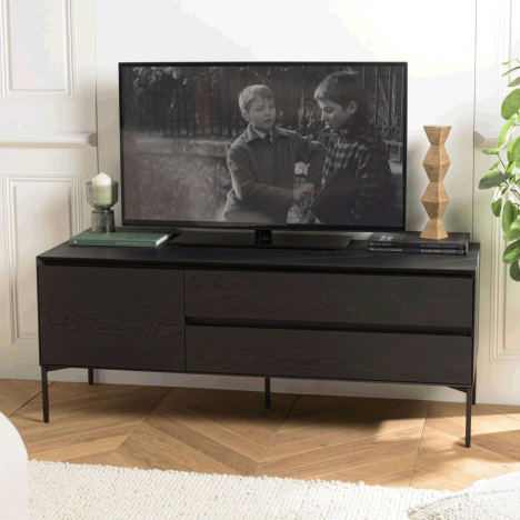 Meuble TV noir 130cm en bois 2 étagères avec porte + 2 tiroirs MALIA
