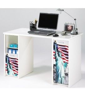 Bureau blanc avec caissons et rideau imprimé 4 coloris Statue USA
