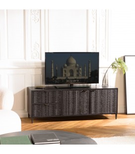 Meuble TV en bois massif noir 2 portes 2 tiroirs sculptés GLORIA