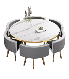 Table ronde effet marbre blanc et 6 chaises encastrables Osly XL