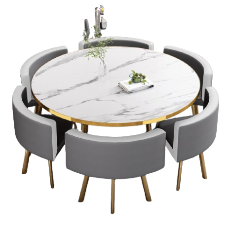 Table ronde effet marbre blanc et 6 chaises encastrables Osly