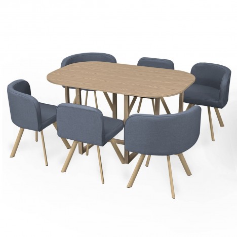 Ensemble table bois clair et 6 chaises tissu Osly XL