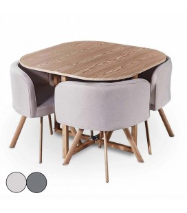 Ensemble table et 4 chaises encastrables en tissu gris ou beige Osly
