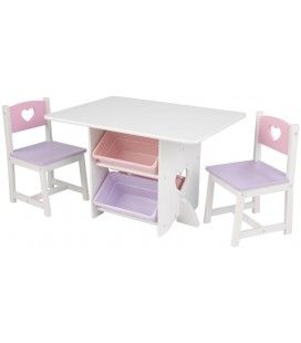 Table et 2 chaises pour petite fille en bois avec rangements pastel