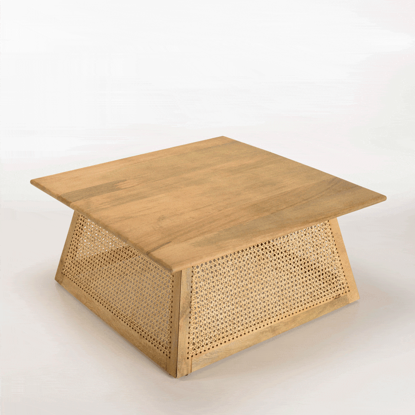 Table basse marron carrée bois de manguier et cannage couleur naturelle